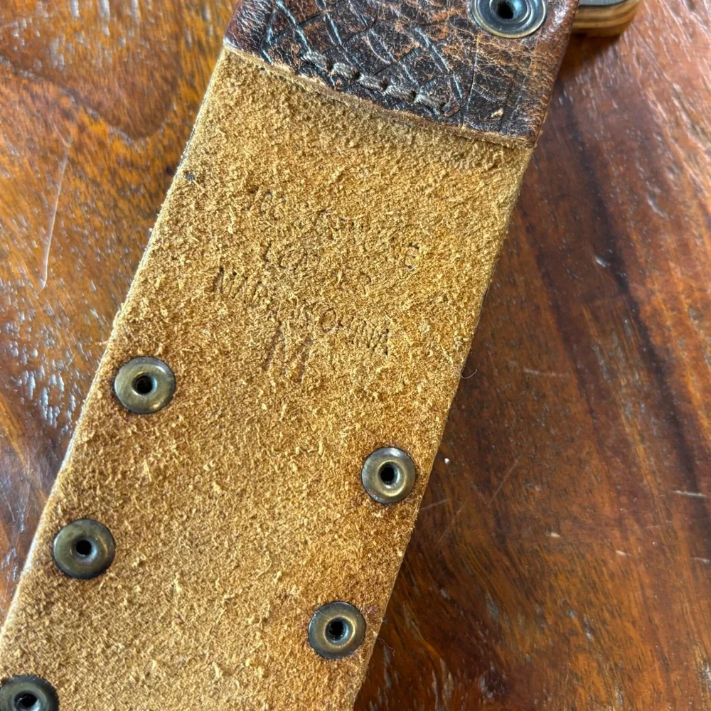 Hollister Mens Brown Studded Leather Belt Wood Houndstooth‎ Buckle Medium Boho